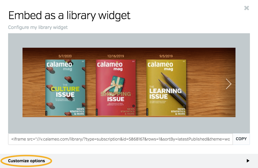 Configure virtual library widget window