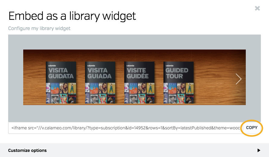 Copy virtual library embed code button